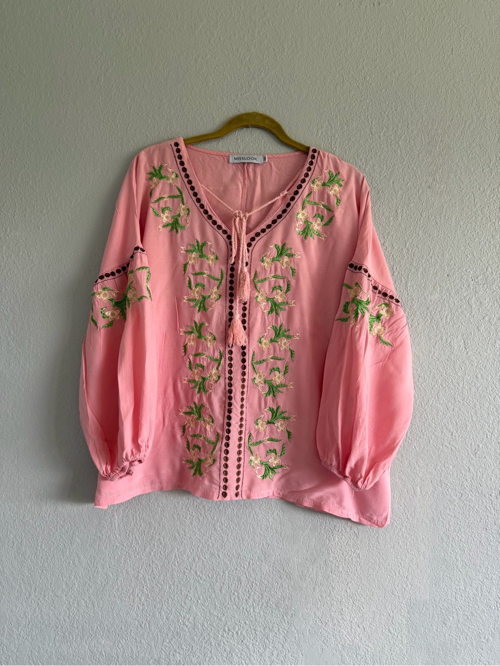 Pink Embroidered Boho Peasant Blouse XXL Floral Tie Balloon Sleeve Lagenlook Top